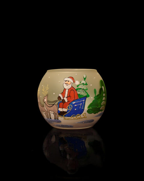 Large Frosted Glass Candle Holder, Hand Crafted in Ukraine, Santa Claus In Sleigh Design, Wonderful Year Round