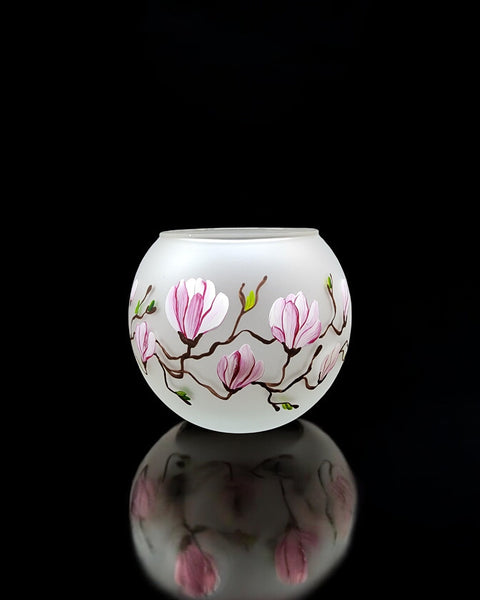 Medium Frosted Glass Candle Holder, Hand Crafted in Ukraine, Magnolia Flower Design, Wonderful Year Round