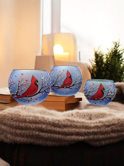 Large Light Blue Glass Candle Holder, Hand Crafted in Ukraine, Cardinal, Wonderful Year Round