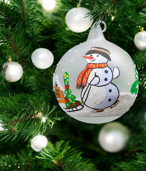 Frosted Blown Glass Ornament - Handcrafted -  Snowman w Sleigh Design