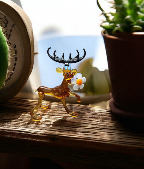 Glass Moose With Daisy Figurine, Collectible Glass Moose, Murano Quality Gift At A Fraction Of The Price, Handcrafted In Ukraine