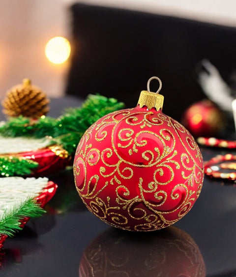 Red Blown Glass Ornament - Hand Made In Ukraine - Hand Painted Golden Waves On Red Bauble - Keepsake Ornament