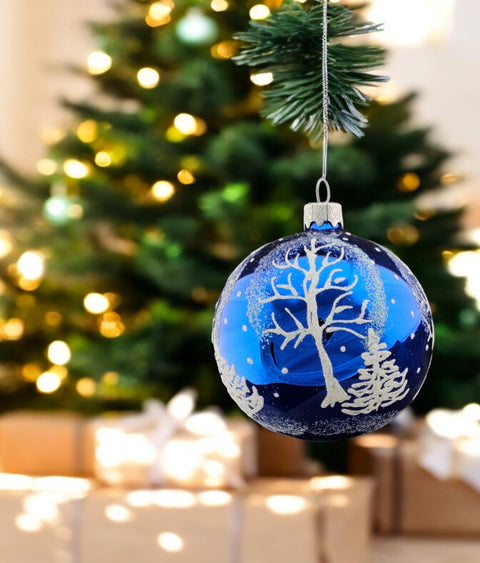 Blue Blown Glass Ornament - Winter Trees - Blue Glass Ornament - Hand Made In Ukraine - Hand Painted - Keepsake Ornament - Shiny Blue Ornament