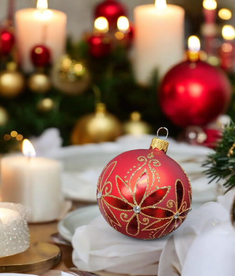 Red Glass Ball Ornament Flower Design