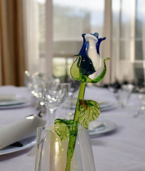 Blue And White Glass Rose - Handcrafted Long Stem Flower