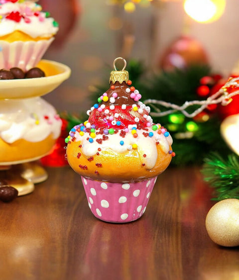 Glass pink base cupcake ornament