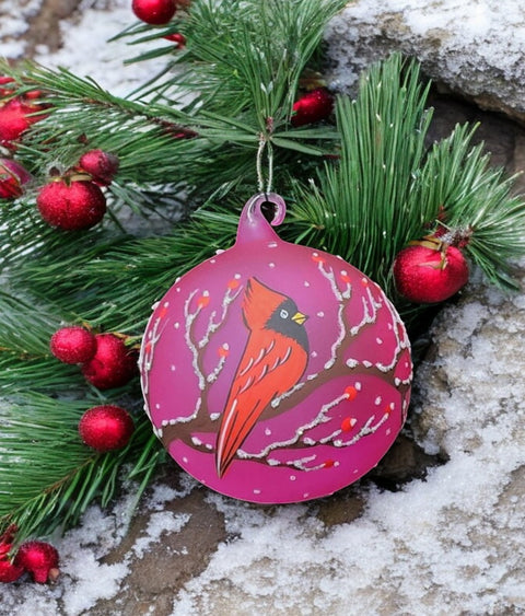 Pink Blown Glass Cardinal Ornament - Handcrafted - Red Cardinal Design