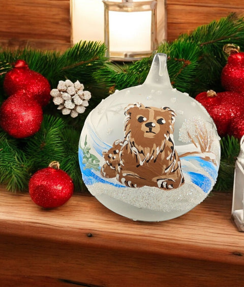 Frosted Blown Glass Ornament, Handcrafted Brown Teddy Bear Design, Keepsake Ornament Handmade In Ukraine, A Great Addition To Any Tree