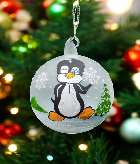 Frosted Blown Glass Ornament - Handcrafted - Charming Penguin Design