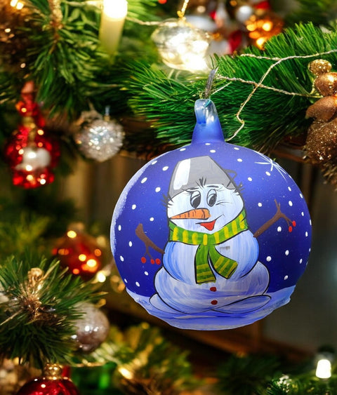 Blue Blown Glass Ornament - Handcrafted -  Snowman Design