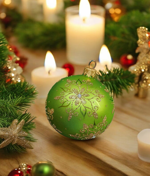 Snowflake Design Green Glass Ball Ornament