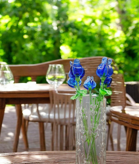 Blue Glass Open Bulb Rose- Handcrafted Long Stem Flower