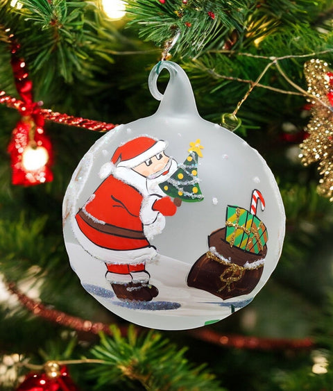 Frosted Blown Glass Ornament - Handcrafted -  Charming Santa Claus Design