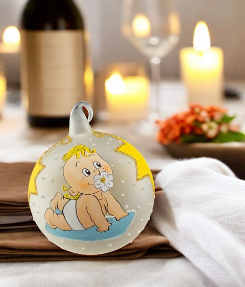 Frosted Blown Glass Ornament, Handcrafted Baby's First Christmas, Keepsake Ornament Handmade In Ukraine, Customization Available, White