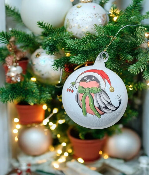 White Blown Glass Ornament - Finch In Christmas Hat - Made In Ukraine - European Christmas Bird - Keepsake Ornament