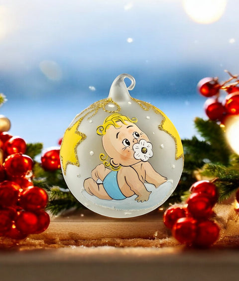 Frosted Blown Glass Ornament, Handcrafted Baby's First Christmas, Keepsake Ornament Handmade In Ukraine, Customization Available, Blue
