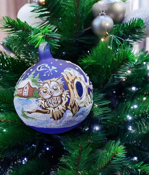 Blue Blown Glass Ornament - Handcrafted -  Charming Fun Owl Design