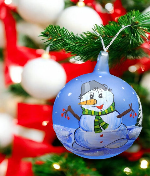 Light Blue Blown Glass Ornament - Handcrafted - Fat Snowman Design