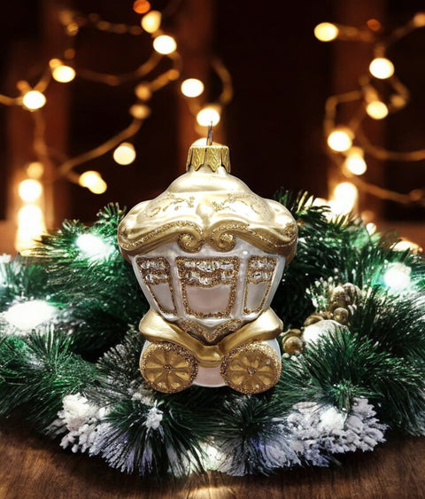 Hand Decorated Glass Keepsake Ornament - Charming Gold Carriage Design