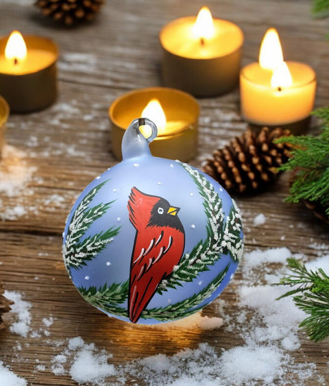 Light Blue Blown Glass Ornament - Handcrafted - Red Cardinal Design