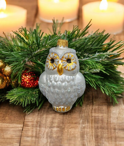 Glass silver owl ornament
