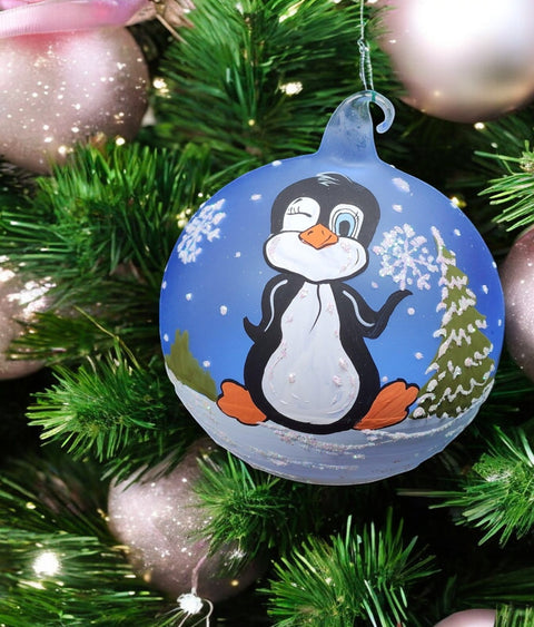 Light Blue Blown Glass Ornament - Handcrafted -  Charming Penguin  Design