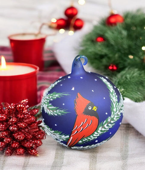 Blue Blown Glass Ornament - Handcrafted -  Charming Red Cardinal Design