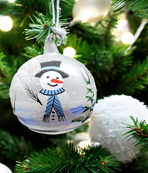 Frosted Blown Glass Ornament - Handcrafted -  Snowman Design