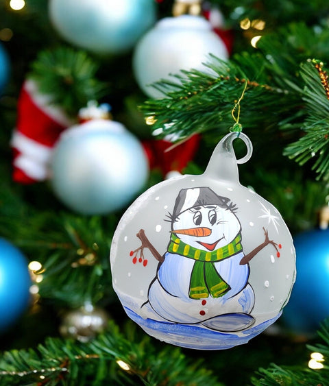 Frosted Blown Glass Ornament - Handcrafted -  Snowman N Christmas Scarf Design