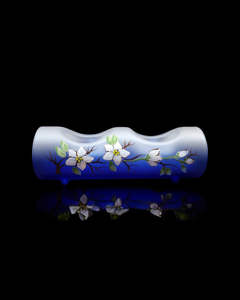 Blue Glass Double Candle Holder, Hand Crafted in Ukraine, Dogwood Flower Design, Wonderful Year Round