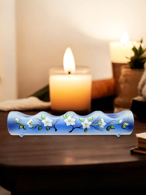 Blue Glass Quad Candle Holder - Dogwood Flower Yule Log Style