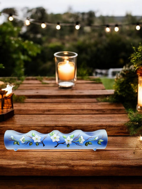 Blue Glass Quad Candle Holder - Dogwood Flower Yule Log Style