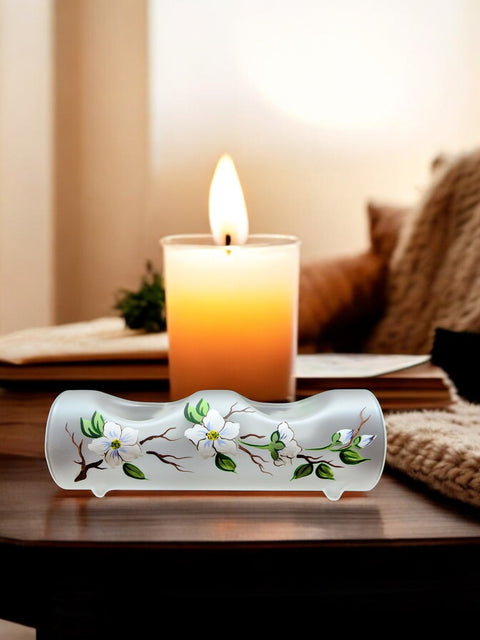 Frosted Glass Double Candle Holder - Dogwood Flower  Yule Log