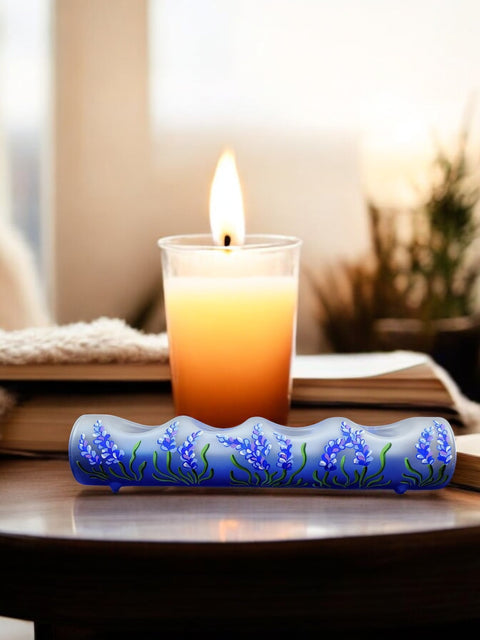 Blue Glass Quad Candle  Holder - Lavender Flower  Yule Log Style