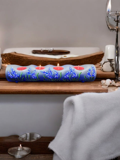 Blue Glass Quad Candle  Holder - Lavender Flower  Yule Log Style