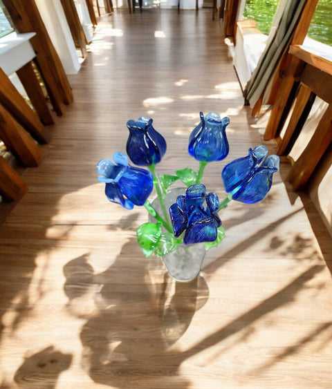 Blue Glass Open Bulb Rose- Handcrafted Long Stem Flower