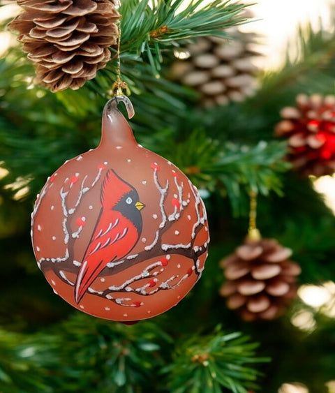 Orange Blown Glass Ornament - Handcrafted - Red Cardinal Design