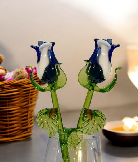 Blue And White Glass Rose - Handcrafted Long Stem Flower