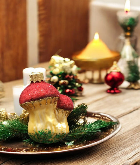 Hand Decorated Glass Keepsake Ornament - Charming Mushrooms Design