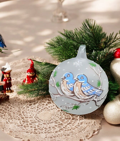 Frosted Blown Glass Ornament - Handcrafted -  Birds On Branch Design