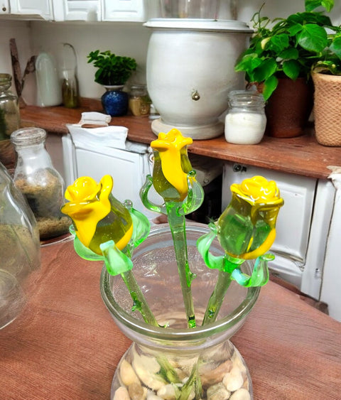 Yellow Glass Rose - Handcrafted Short Stem Flower