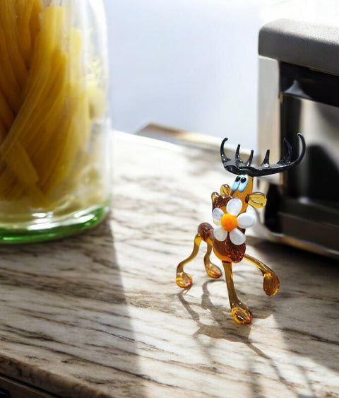 Glass Moose With Daisy Figurine, Collectible Glass Moose, Murano Quality Gift At A Fraction Of The Price, Handcrafted In Ukraine
