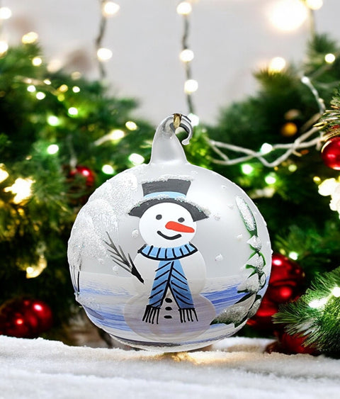 Frosted Blown Glass Ornament - Handcrafted -  Snowman Design