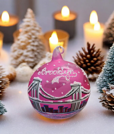 Pink Blown Glass Ornament - Handcrafted -  Brooklyn Bridge Design