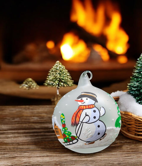 Frosted Blown Glass Ornament - Handcrafted -  Snowman w Sleigh Design