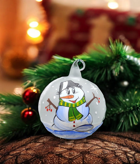 Frosted Blown Glass Ornament - Handcrafted -  Snowman N Christmas Scarf Design