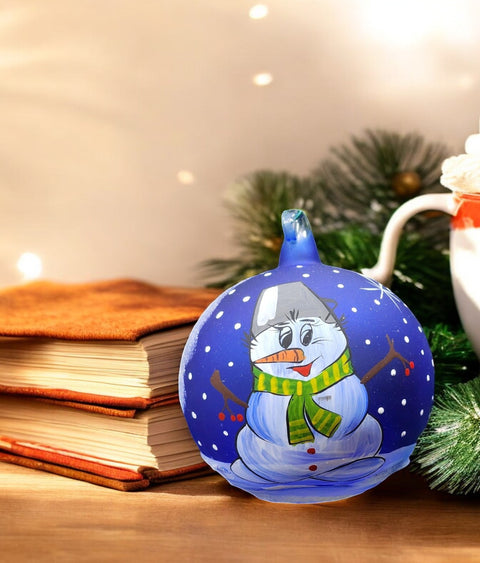 Blue Blown Glass Ornament - Handcrafted -  Snowman Design