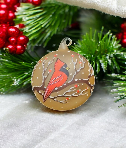 Yellow Blown Glass Ornament - Handcrafted - Red Cardinal Design