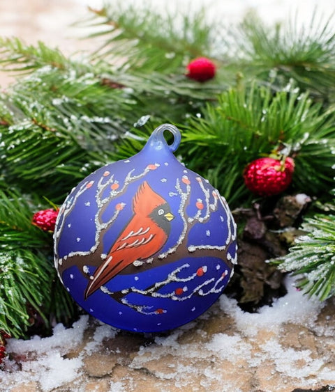 Blue Blown Glass Ornament - Handcrafted - Red Cardinal Design