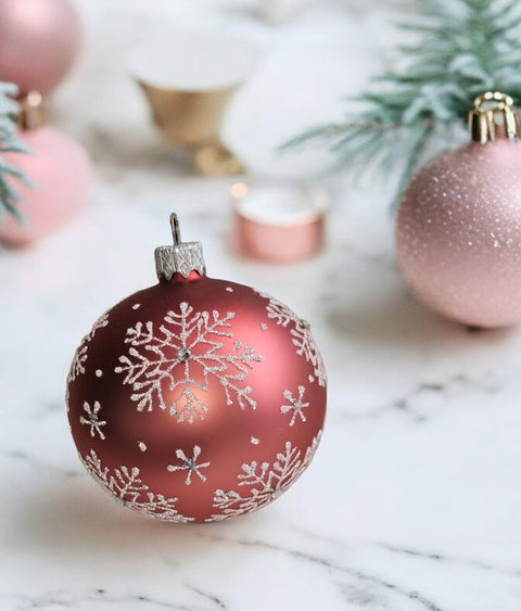Snowflake Design Pink Glass Ball Ornament